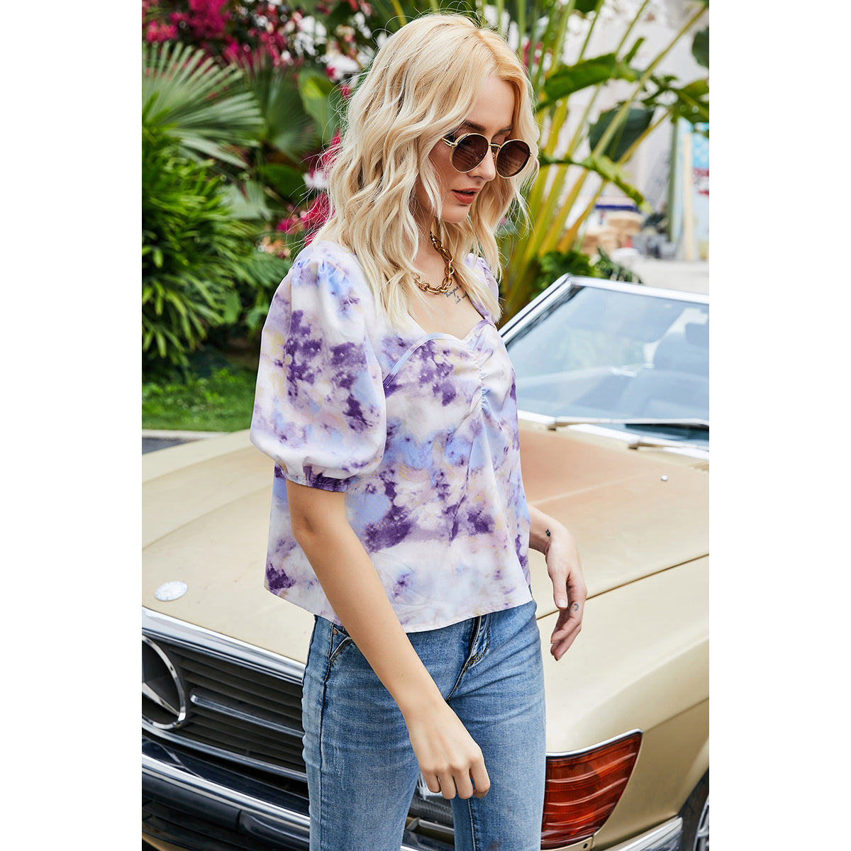 Purple Sweetheart Neck Floral Printed Puff Sleeve Top