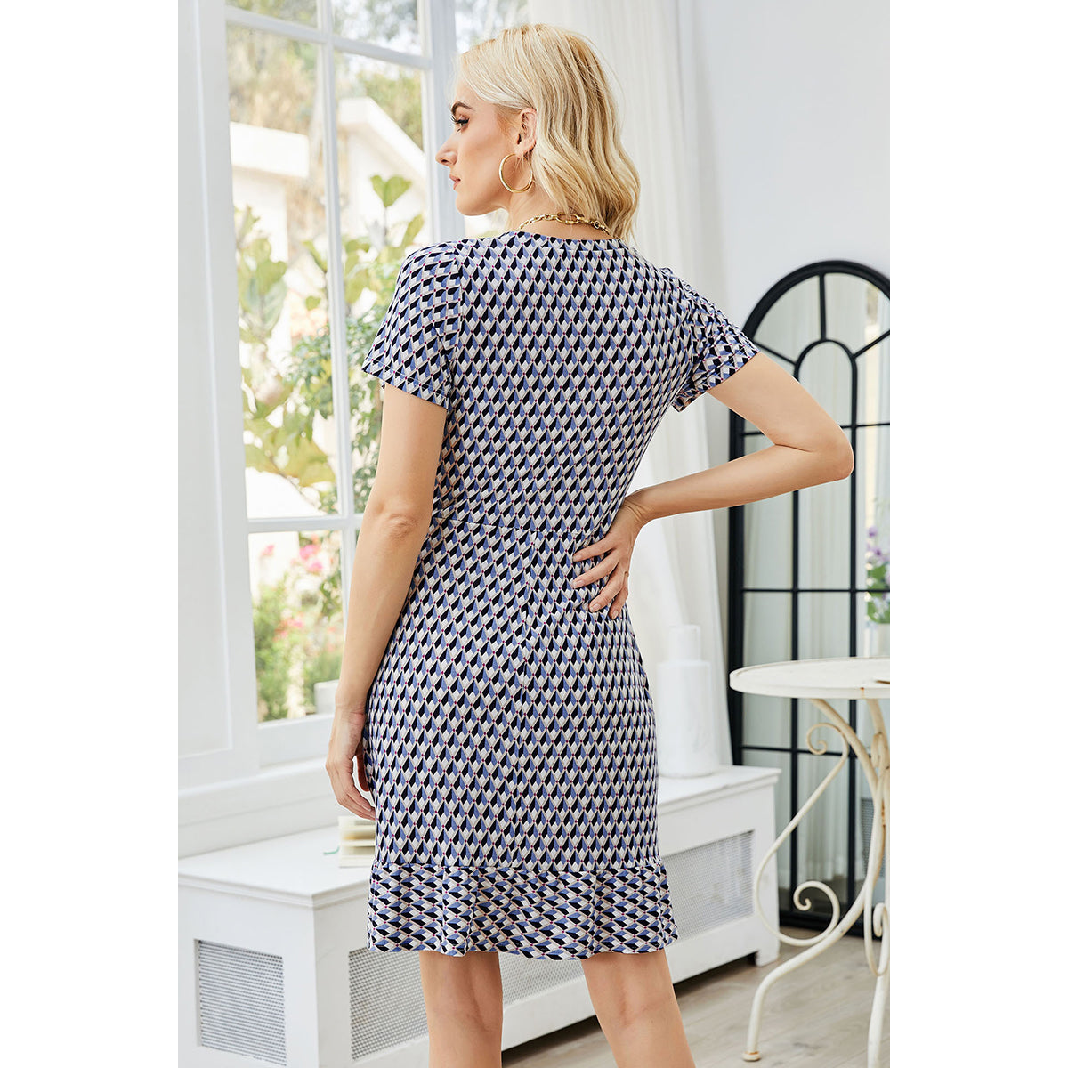 Navy Blue Geometric Printed A-Line Dress