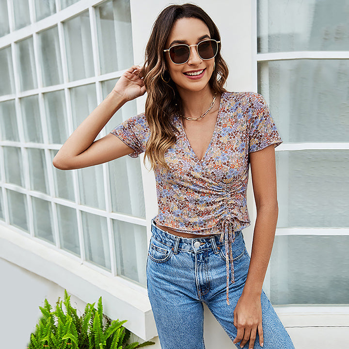 Blue & Brown Floral Printed Wrap Crop Top