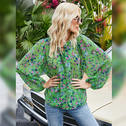 Green Floral Print Bishop Sleeves Top