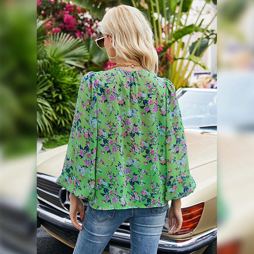 Green Floral Print Bishop Sleeves Top