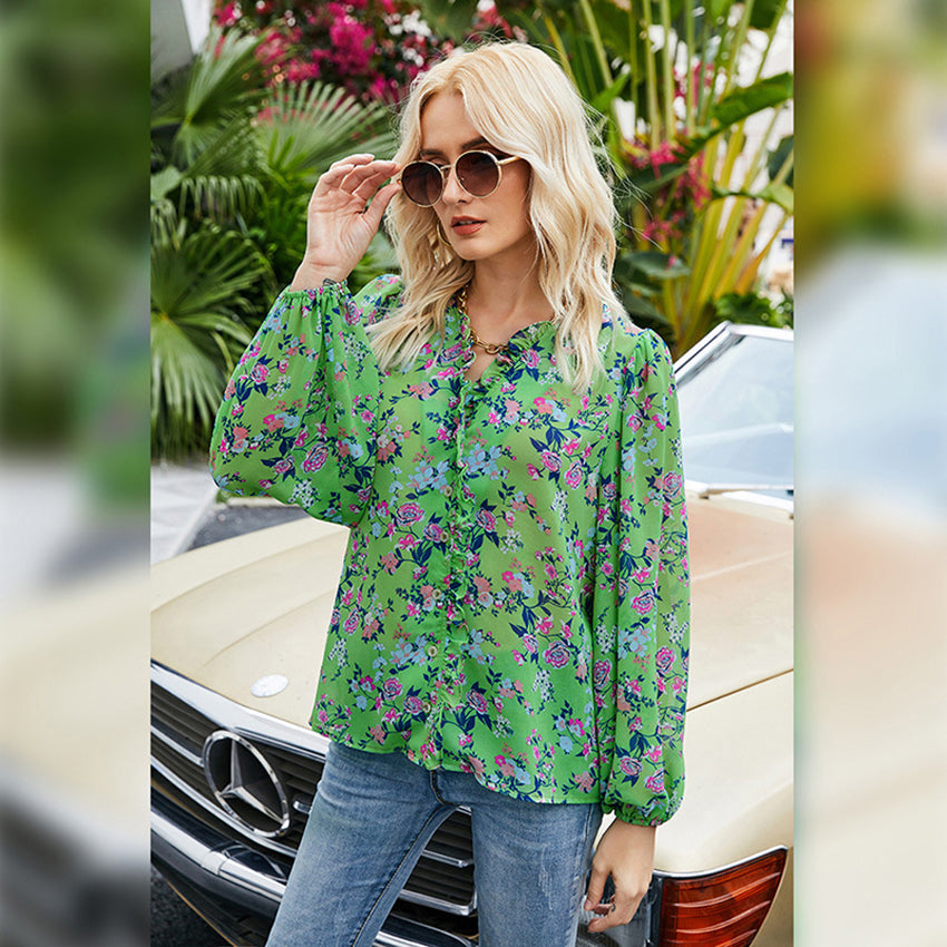 Green Floral Print Bishop Sleeves Top