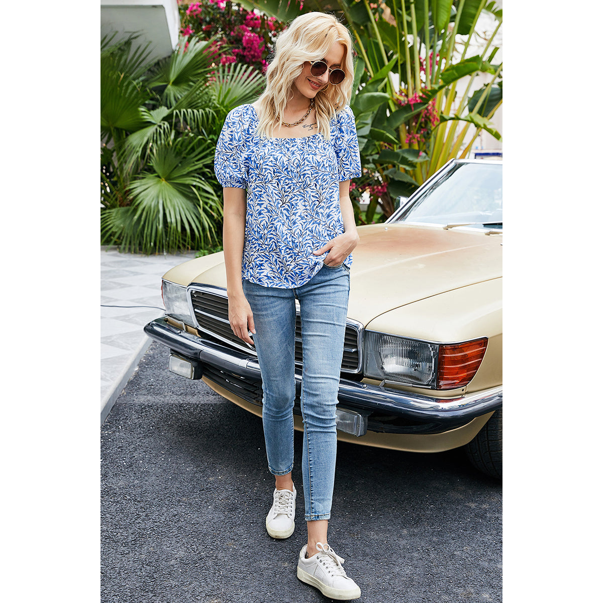 Women Blue Floral Print Blouson Top