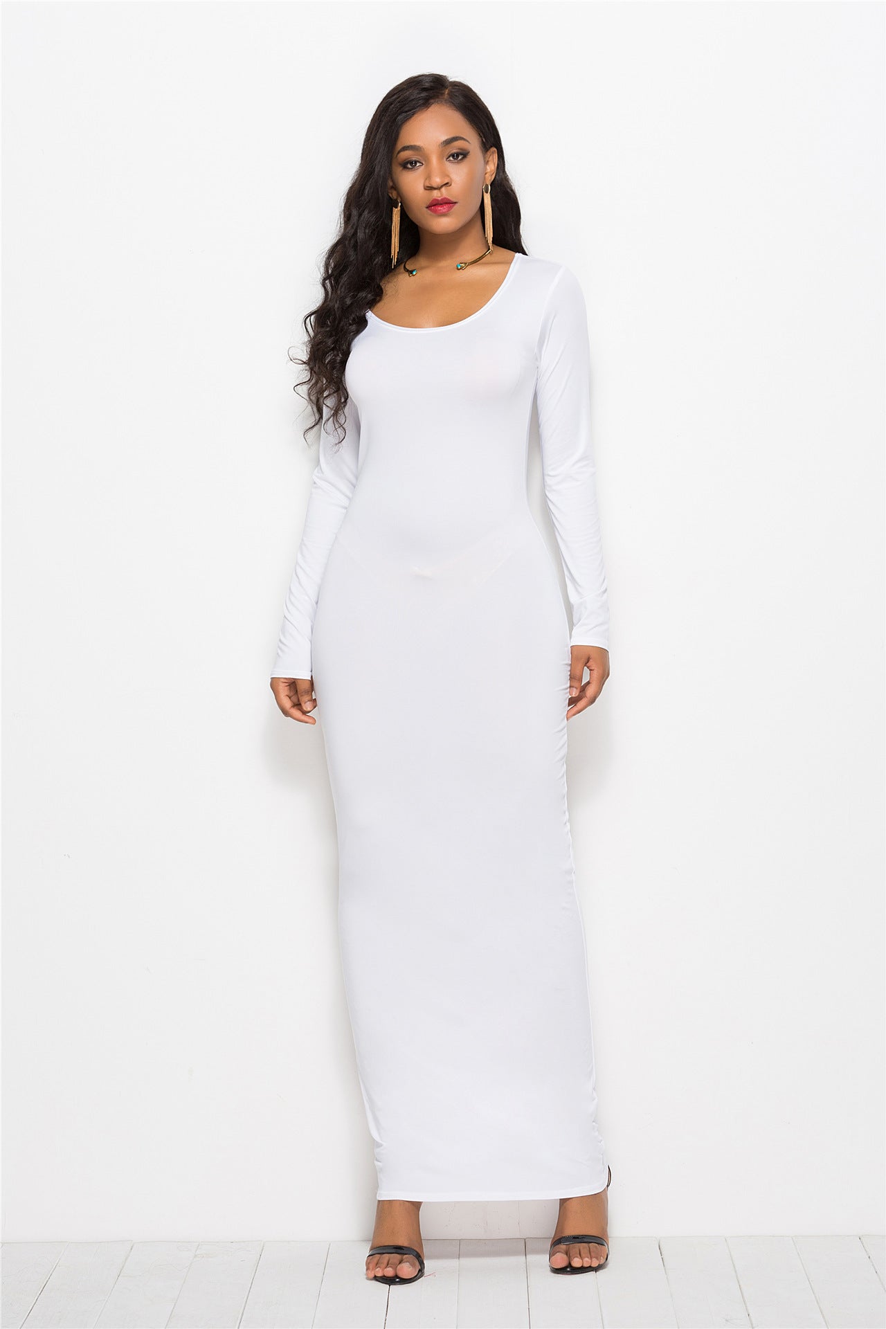 White Long Sleeves Bodycon Maxi Dress