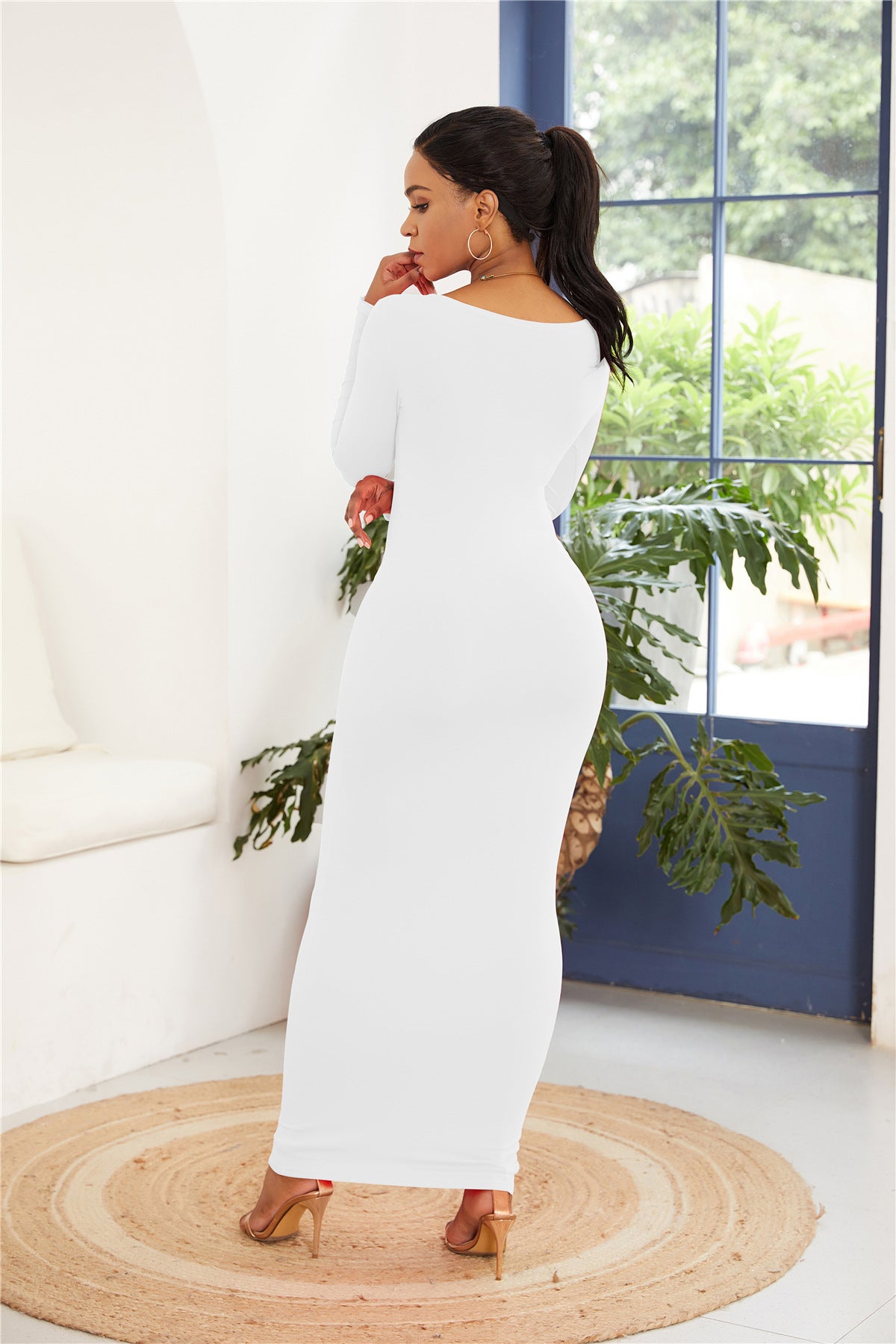 White Long Sleeves Bodycon Maxi Dress