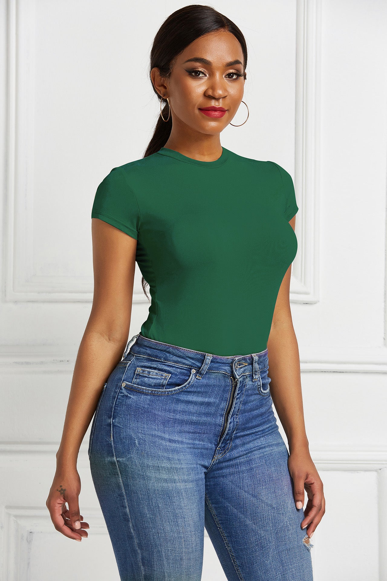 Women Green Solid Fitted Top