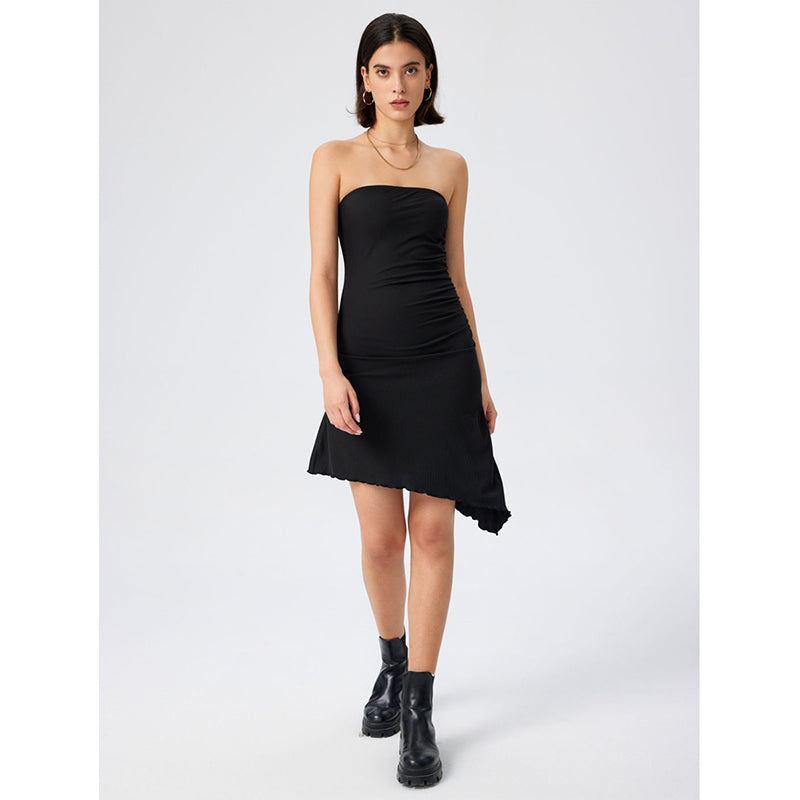 Black Strapless Asymmetric Party Sheath Dress