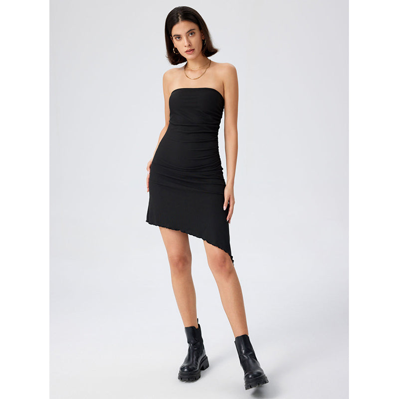 Black Strapless Asymmetric Party Sheath Dress