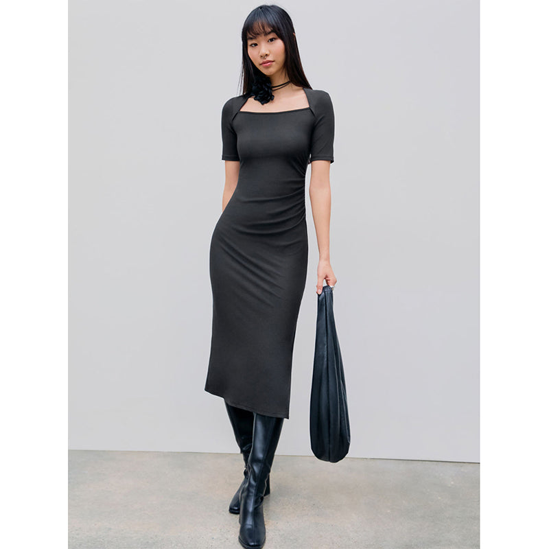 Square Neck Short Sleeves Sheath Midi Dress