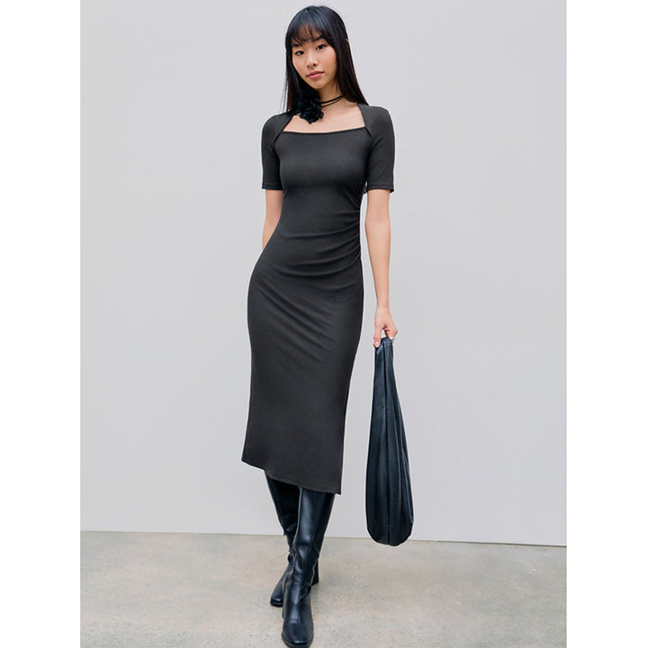 Square Neck Short Sleeves Sheath Midi Dress