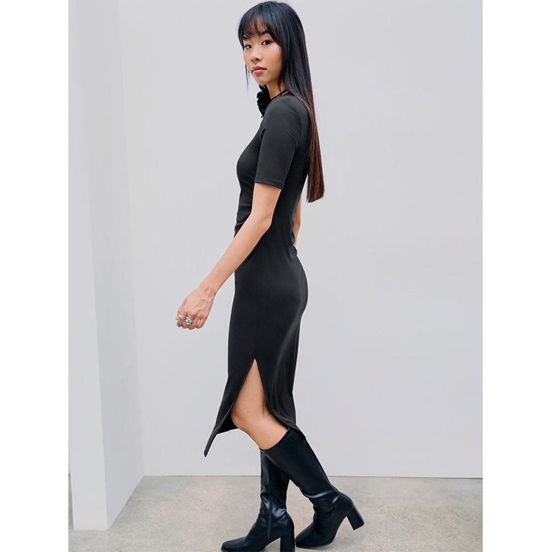 Square Neck Short Sleeves Sheath Midi Dress