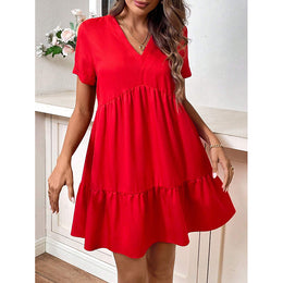 V-Neck Gathered & Tiered Detail Fit & Flare Dress