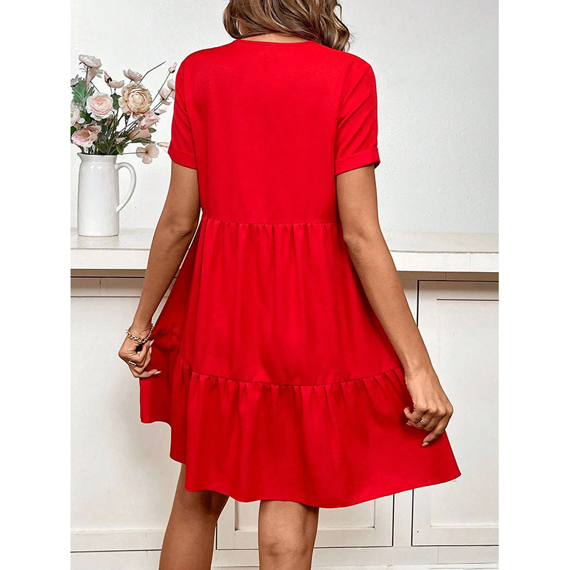 V-Neck Gathered & Tiered Detail Fit & Flare Dress
