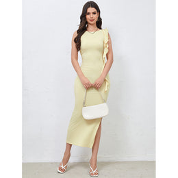 Yellow Boat Neck Ruffled Sheath Midi Dress