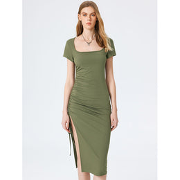 Green Square Neck Sheath Midi Dress