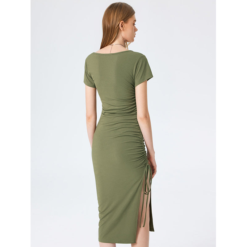 Green Square Neck Sheath Midi Dress