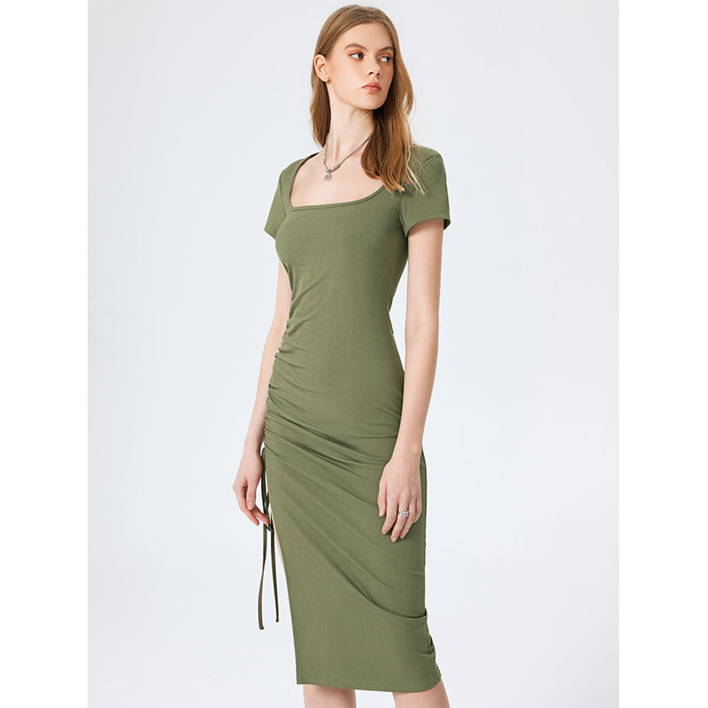 Green Square Neck Sheath Midi Dress
