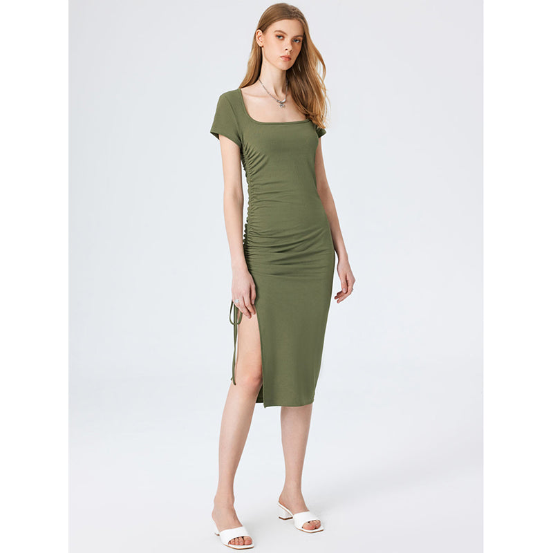 Green Square Neck Sheath Midi Dress