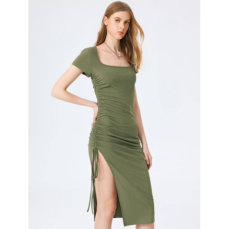 Green Square Neck Sheath Midi Dress