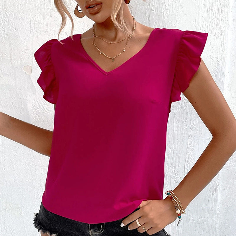 Pink V-Neck Flutter Sleeve Styled Back Top