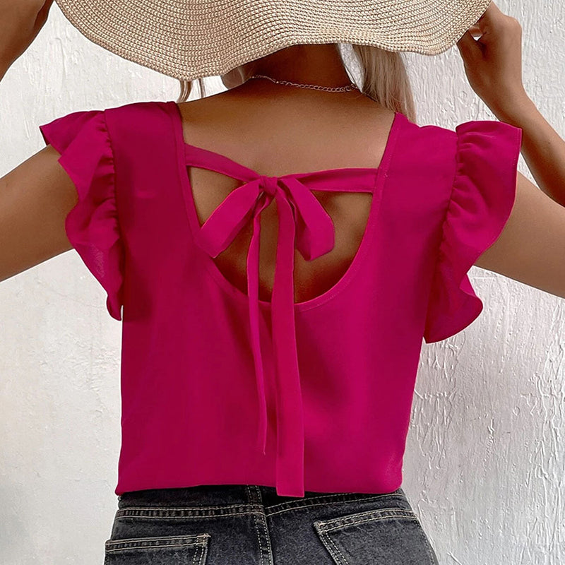 Pink V-Neck Flutter Sleeve Styled Back Top