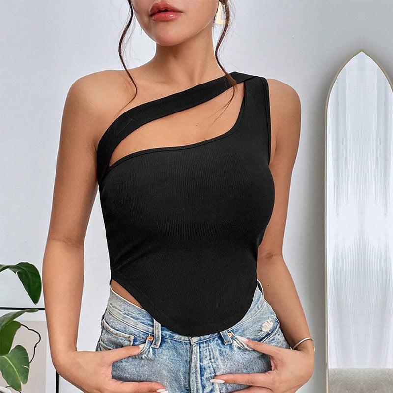 Black One Shoulder Cut-Outs Fitted Top