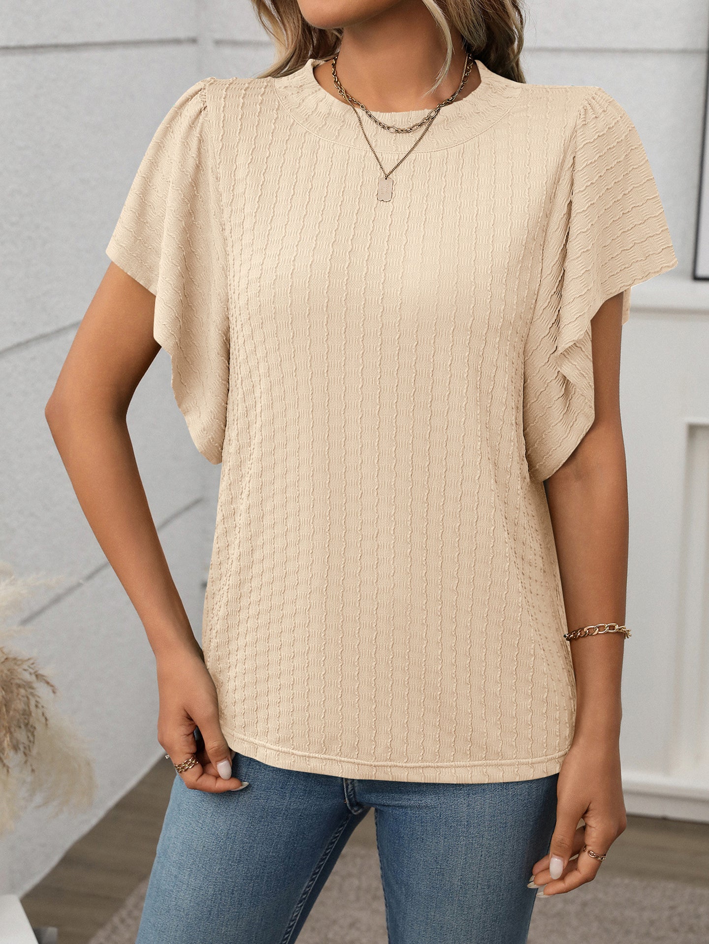 Women Ribbed Flared Sleeves Peplum Top
