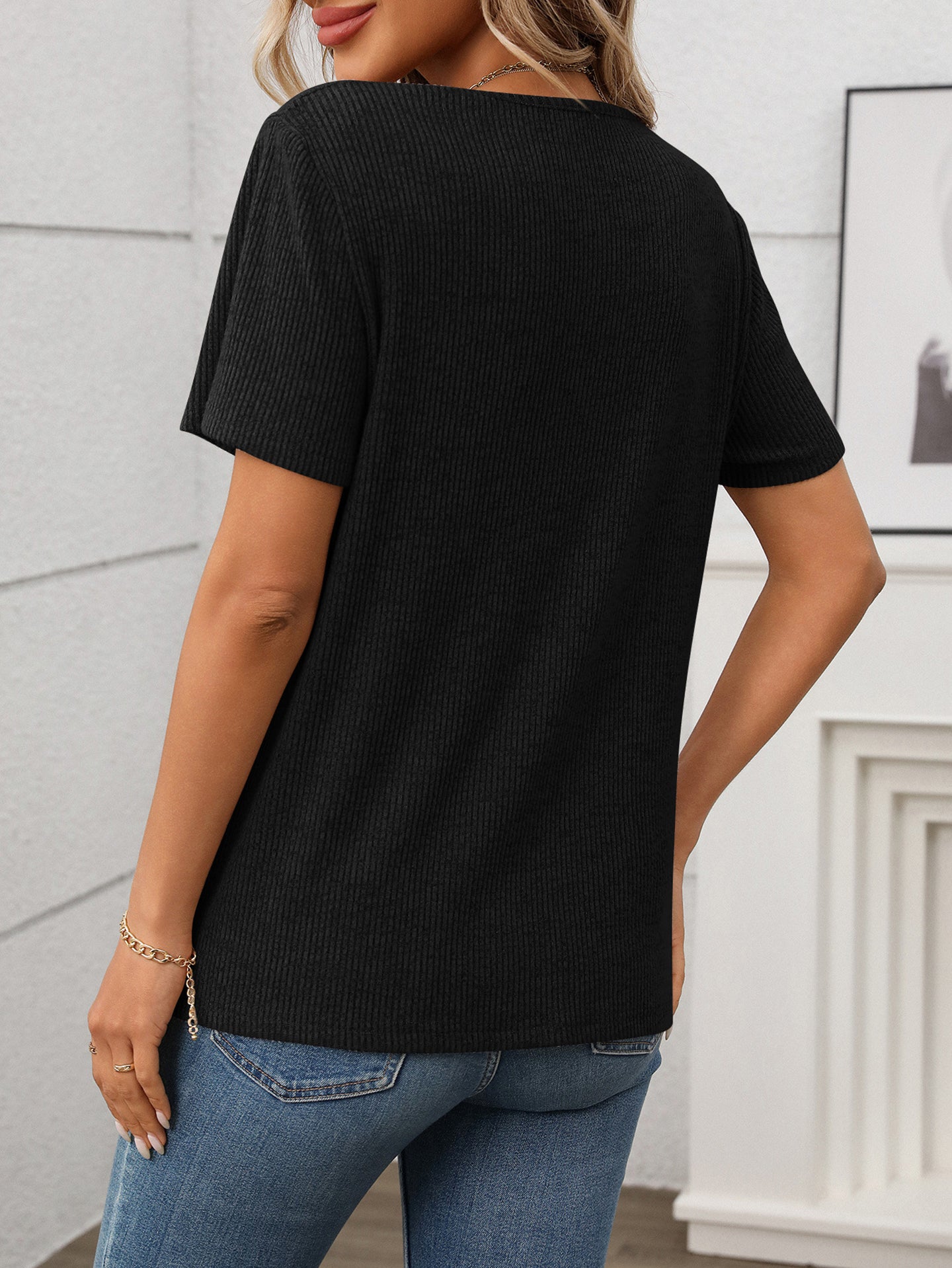Women Ribbed V-Neck Top