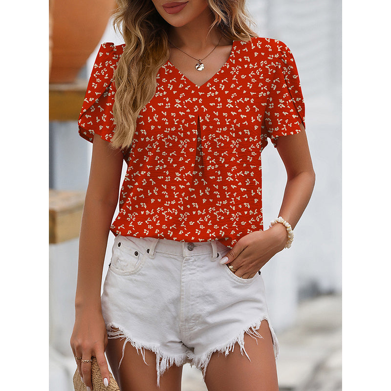 Red Floral Printed Puffed Sleeves Top