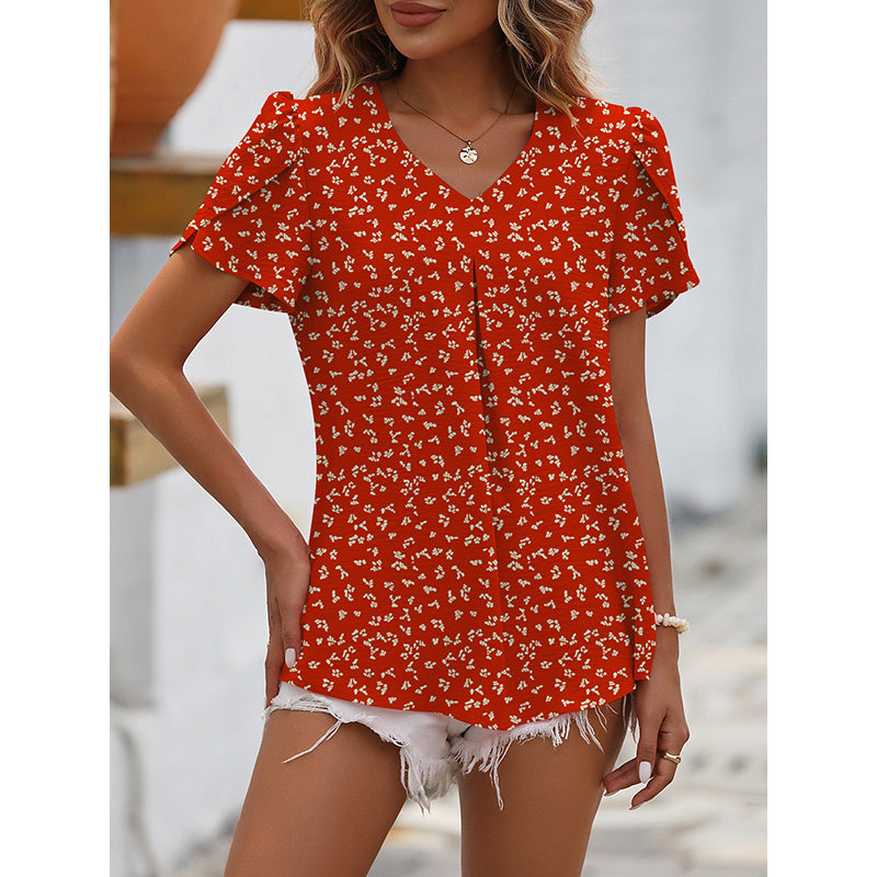 Red Floral Printed Puffed Sleeves Top