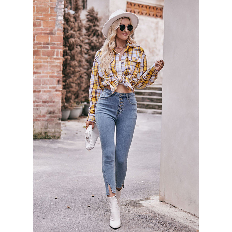 Yellow White Tartan Checked Casual Shirt
