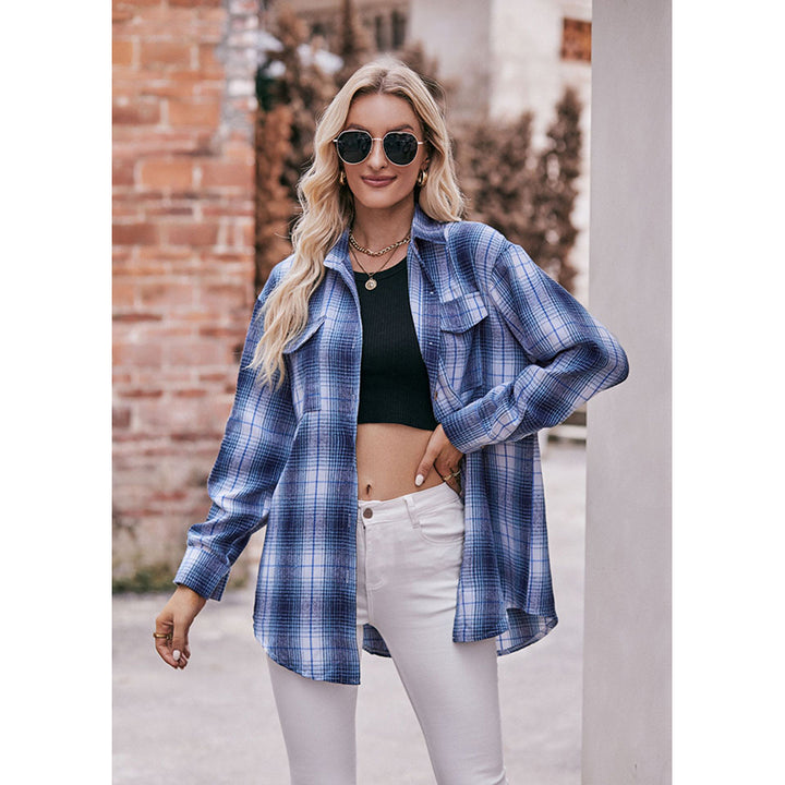 Blue Checked Shirt Collar Shirt Style Top