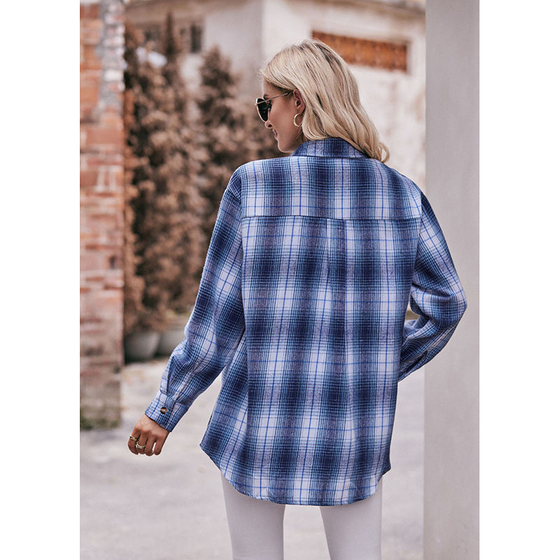 Blue Checked Shirt Collar Shirt Style Top