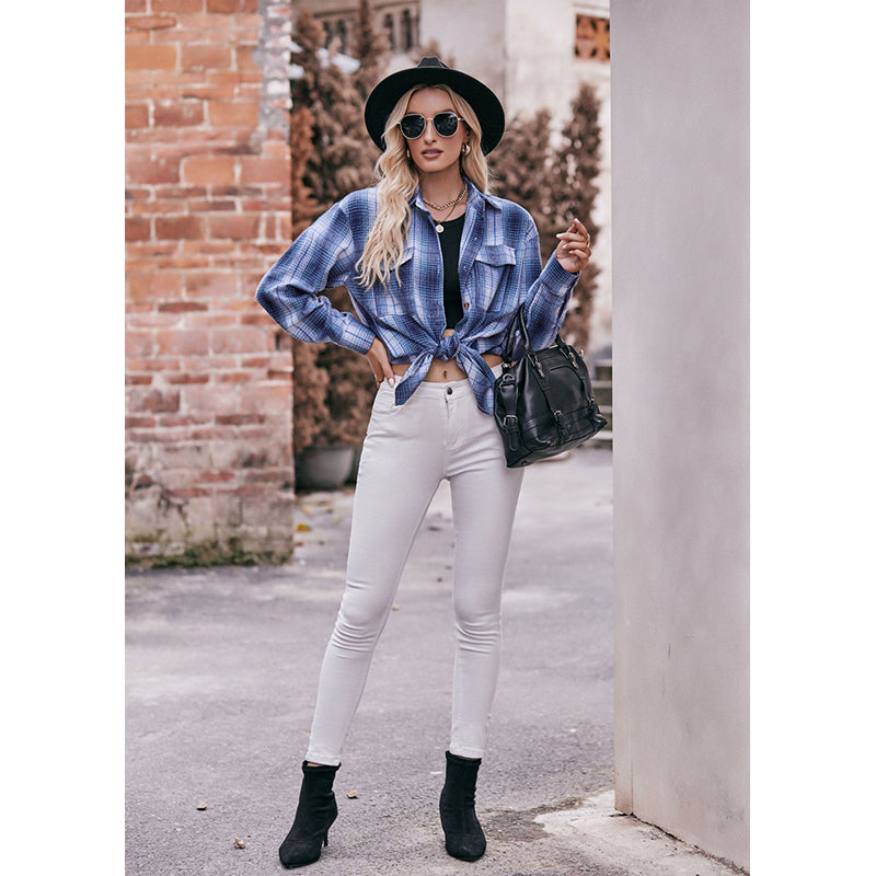Blue Checked Shirt Collar Shirt Style Top