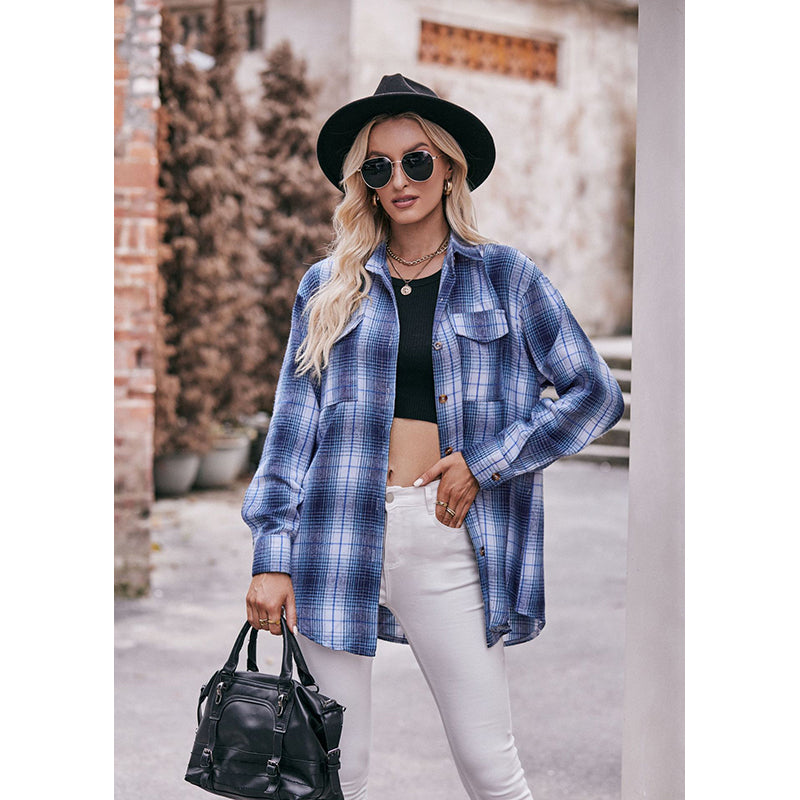 Blue Checked Shirt Collar Shirt Style Top