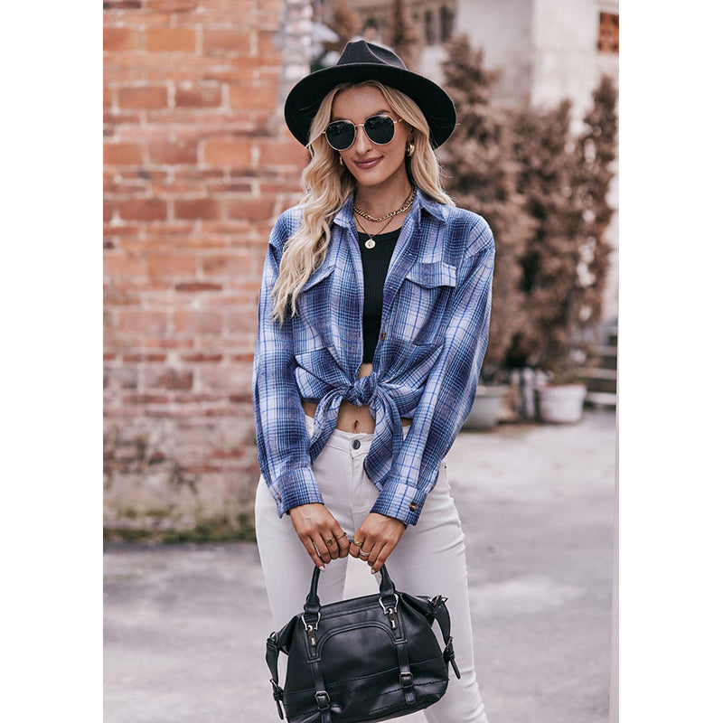 Blue Checked Shirt Collar Shirt Style Top