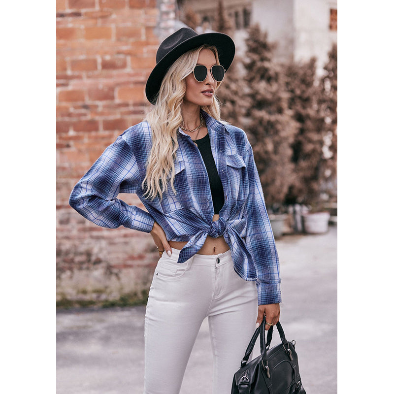 Blue Checked Shirt Collar Shirt Style Top