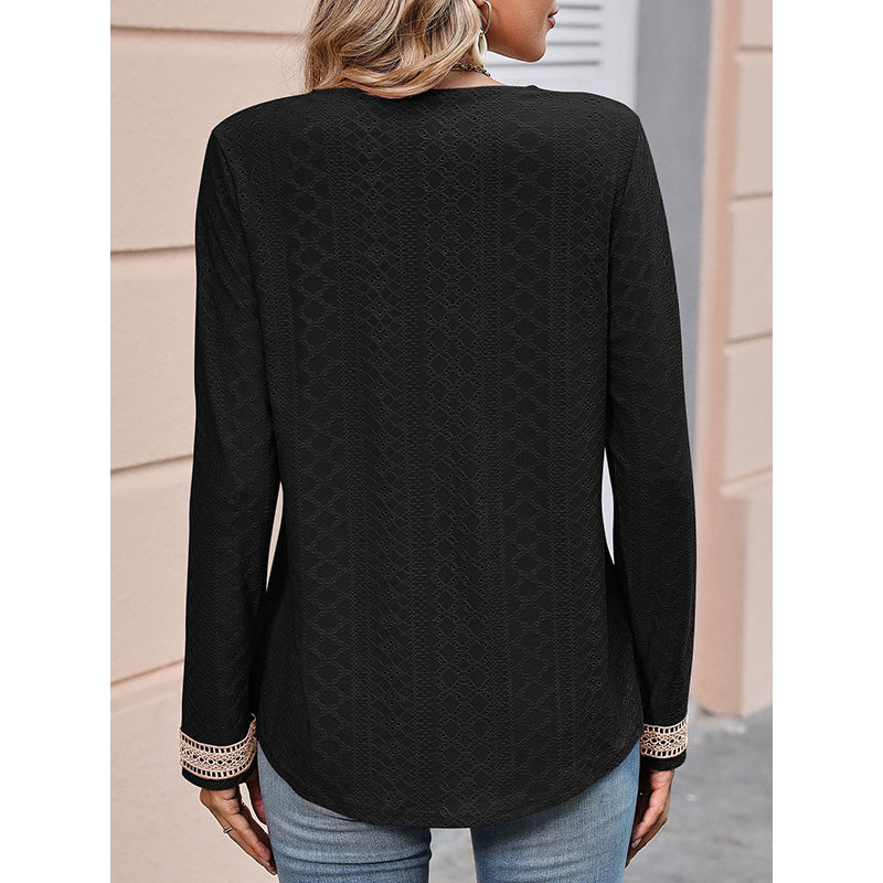 Black Lace Insert V-Neck Schiffli Top