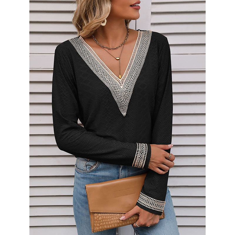 Black Lace Insert V-Neck Schiffli Top