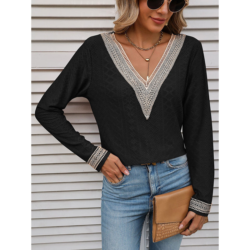 Black Lace Insert V-Neck Schiffli Top