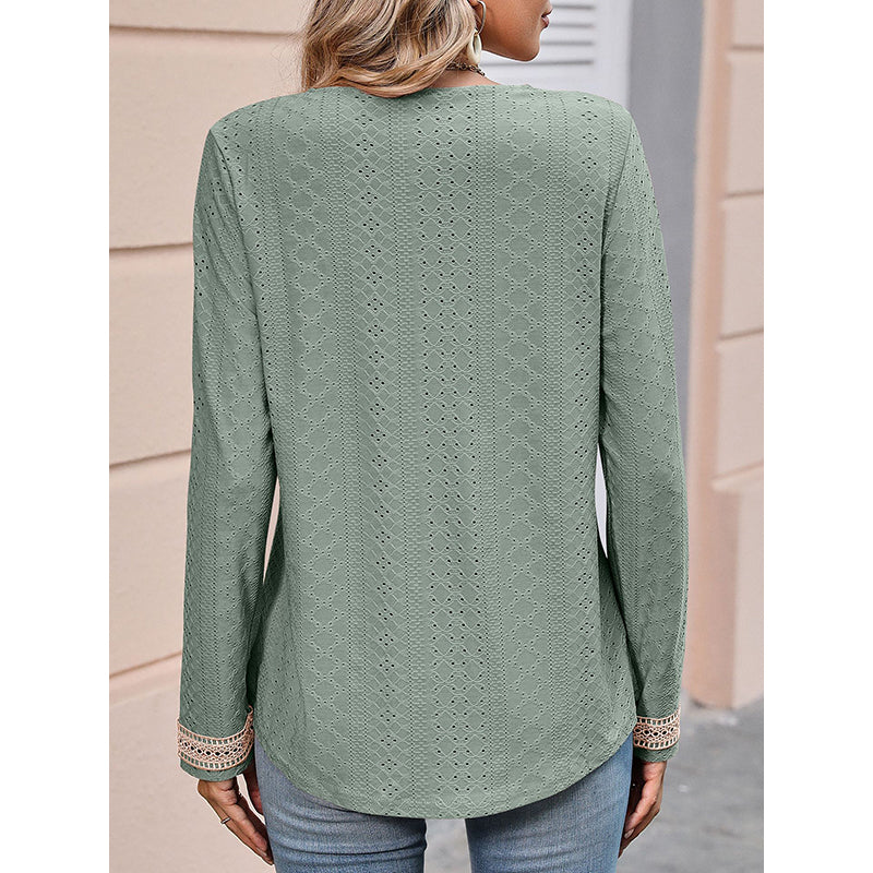 Green Lace Detailed V-Neck Casual Top