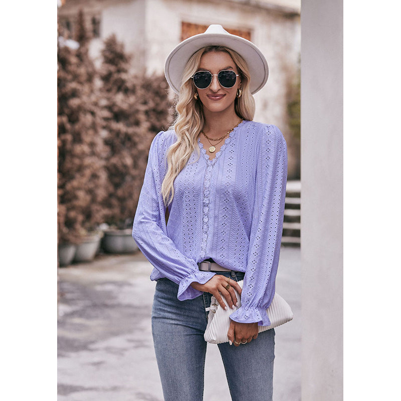 Purple V-Neck Long Sleeve Top