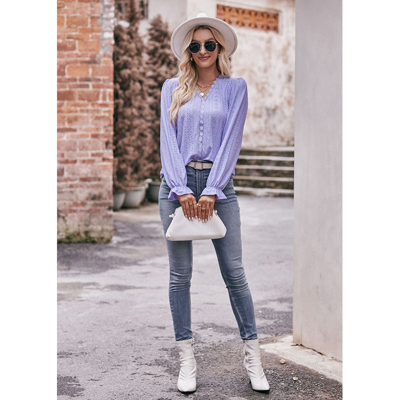 Purple V-Neck Long Sleeve Top