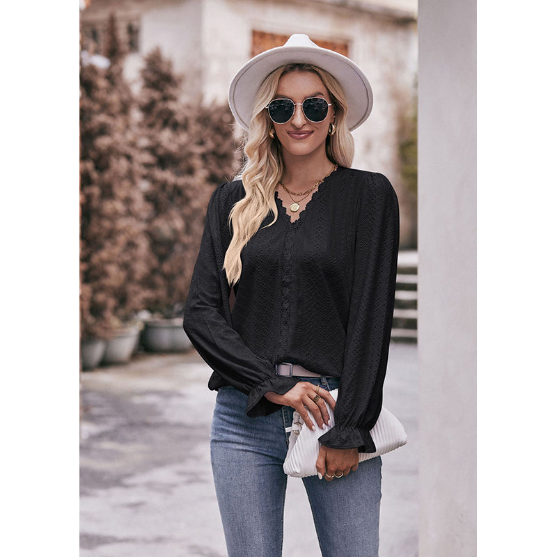 Black V-Neck Puff Sleeves Casual Top