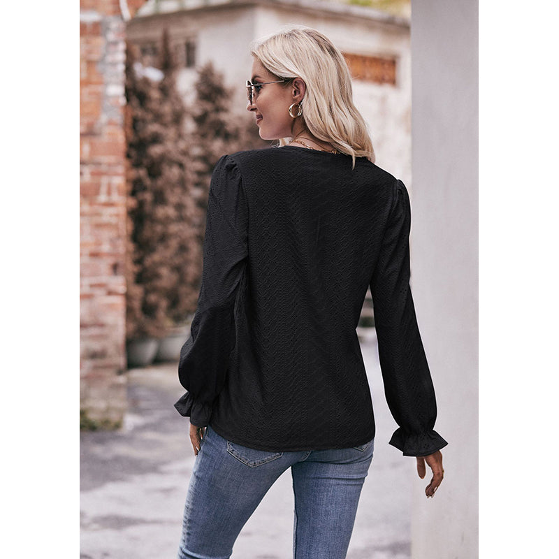 Black V-Neck Puff Sleeves Casual Top
