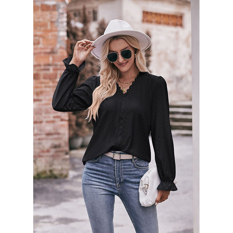 Black V-Neck Puff Sleeves Casual Top