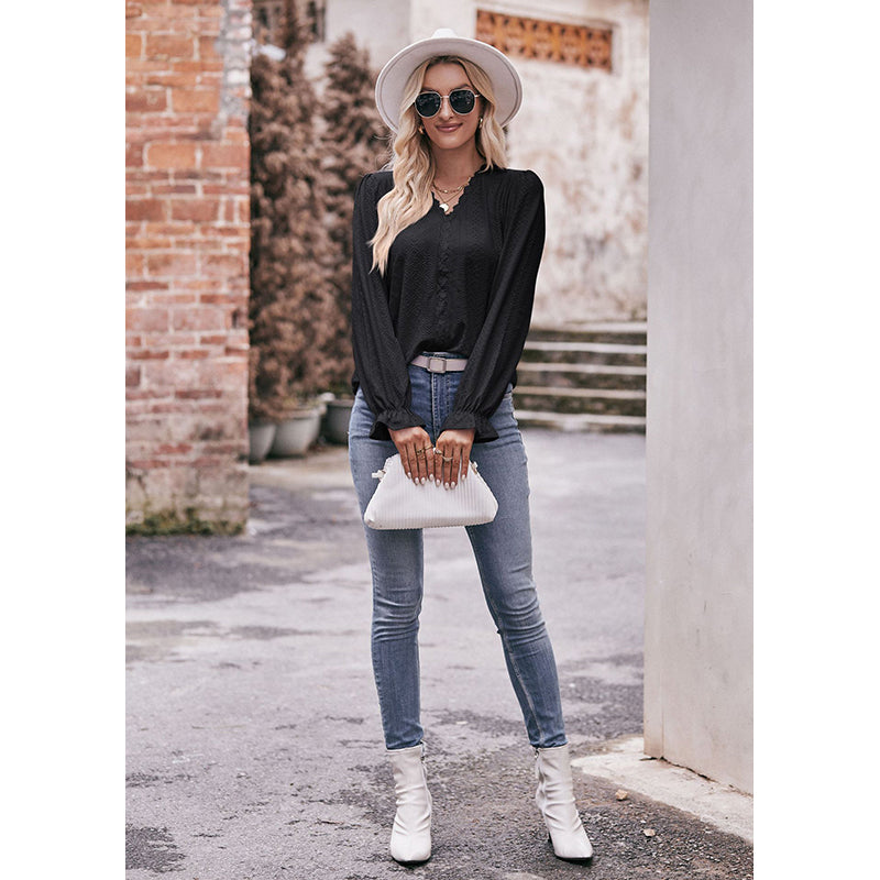 Black V-Neck Puff Sleeves Casual Top