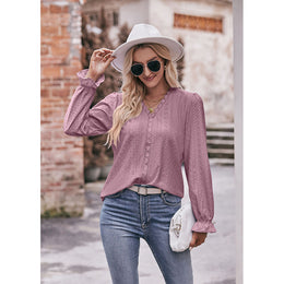 V-Neck Cuffed Sleeves Schiffli Shirt Style Top