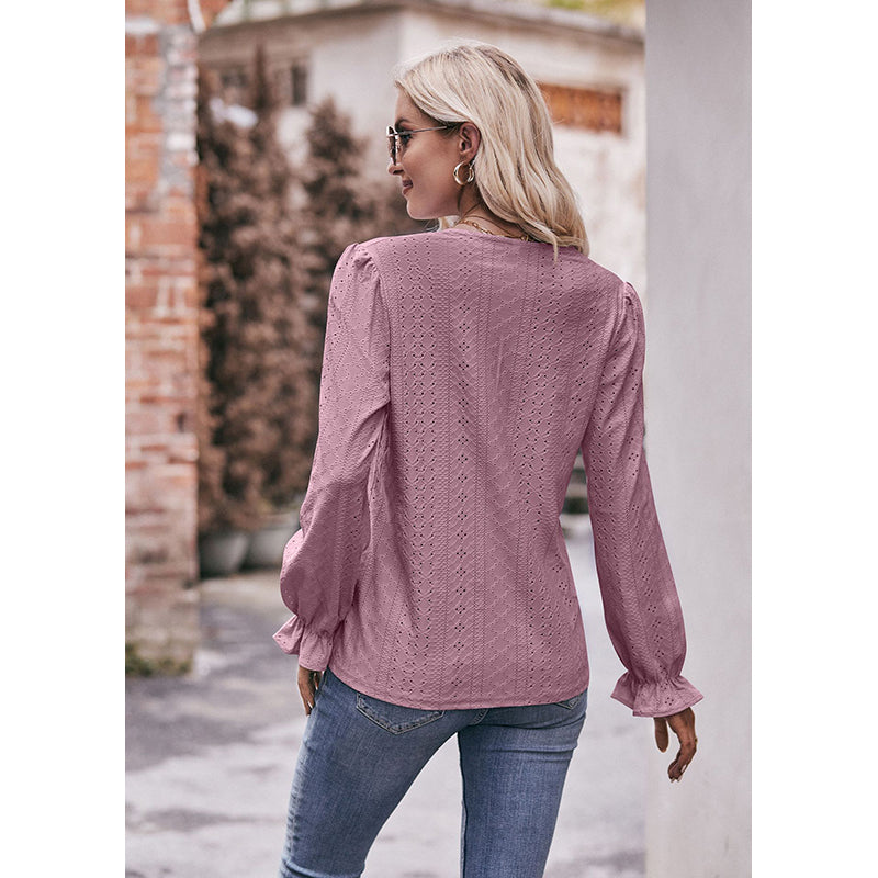 V-Neck Cuffed Sleeves Schiffli Shirt Style Top