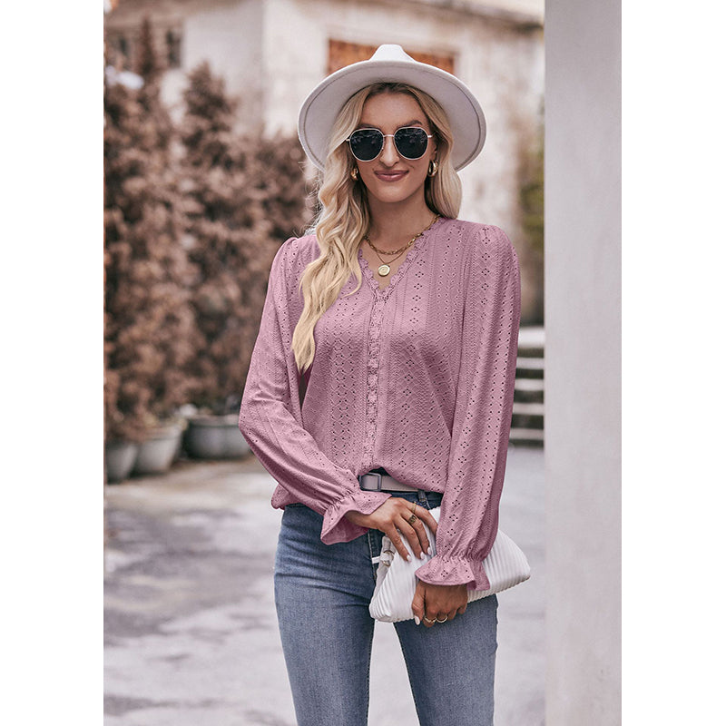 V-Neck Cuffed Sleeves Schiffli Shirt Style Top